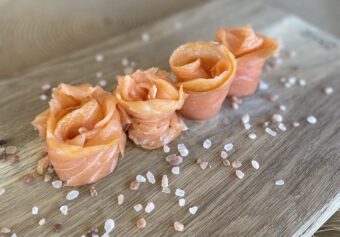 Chunks of frozen smoked salmon